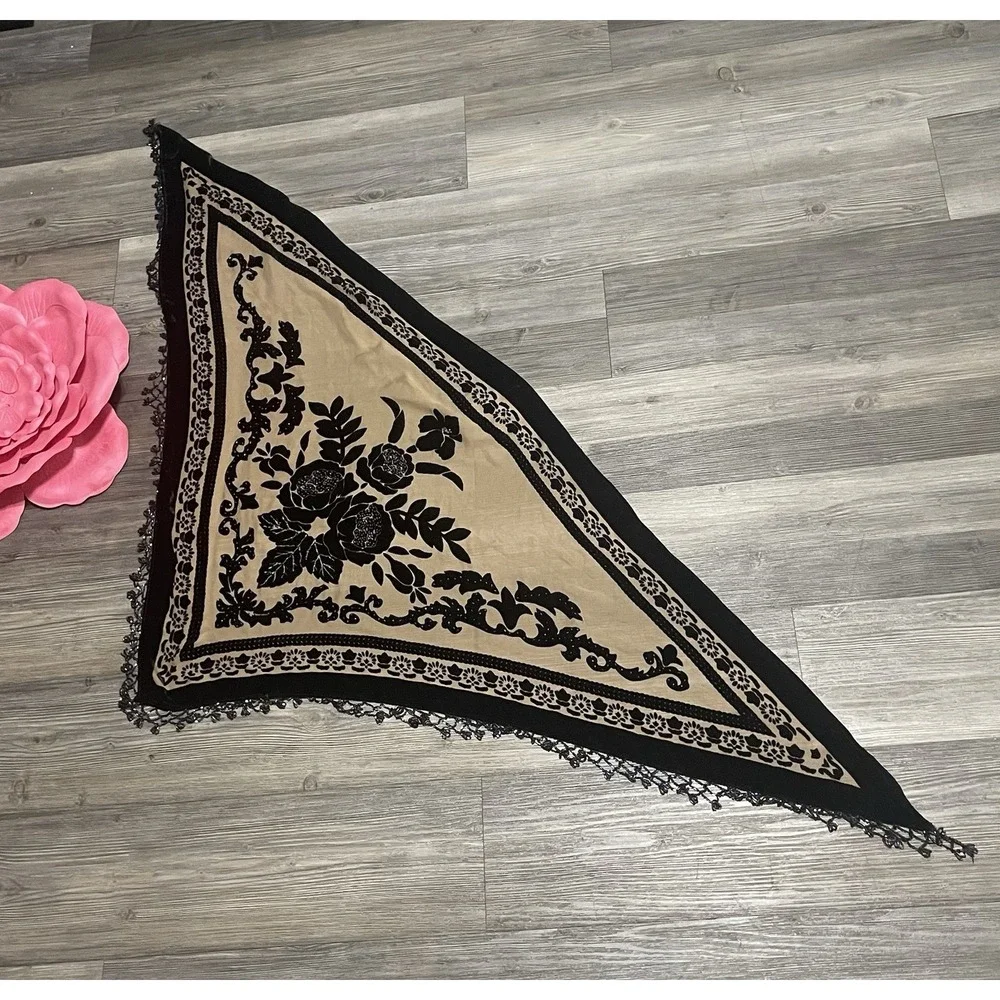 Silk Velvet Burnout Devore Triangle Shawl Scarf Wrap Beaded Fringe Floral Boho